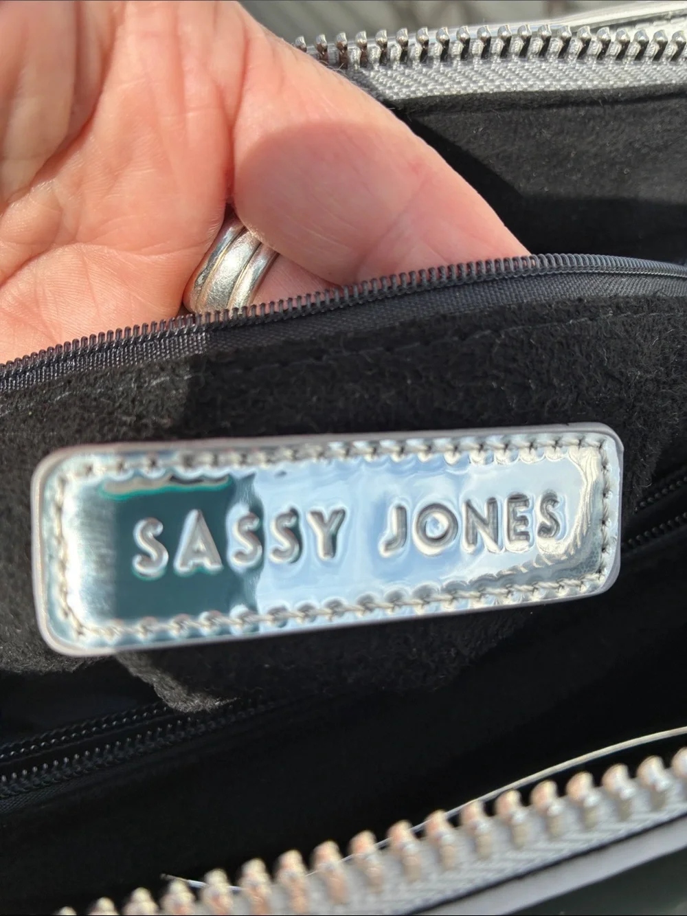 Sassy Jones Kyra Metallic Silver Logo Handbag Mirror Chrome Satchel, Like New